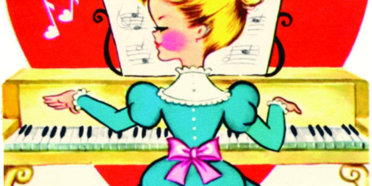 Woman playing piano in front of a red heart
