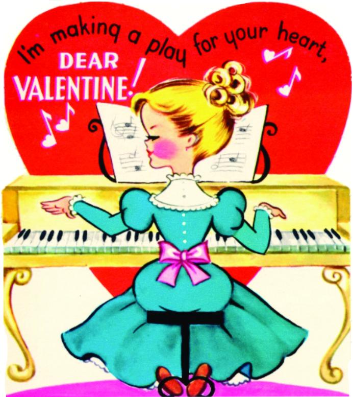 Woman playing piano in front of a red heart