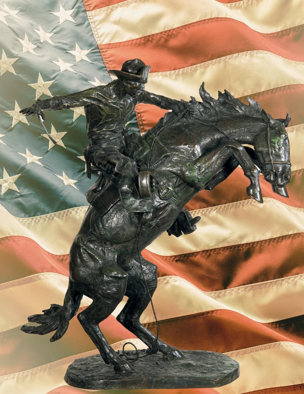 Frederic Remington Bronco sculpture in front of American flag