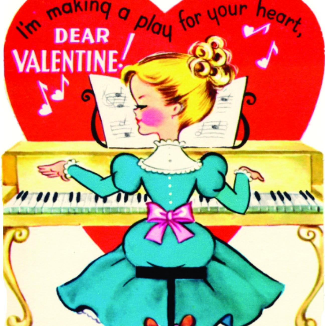 Woman playing piano in front of a red heart